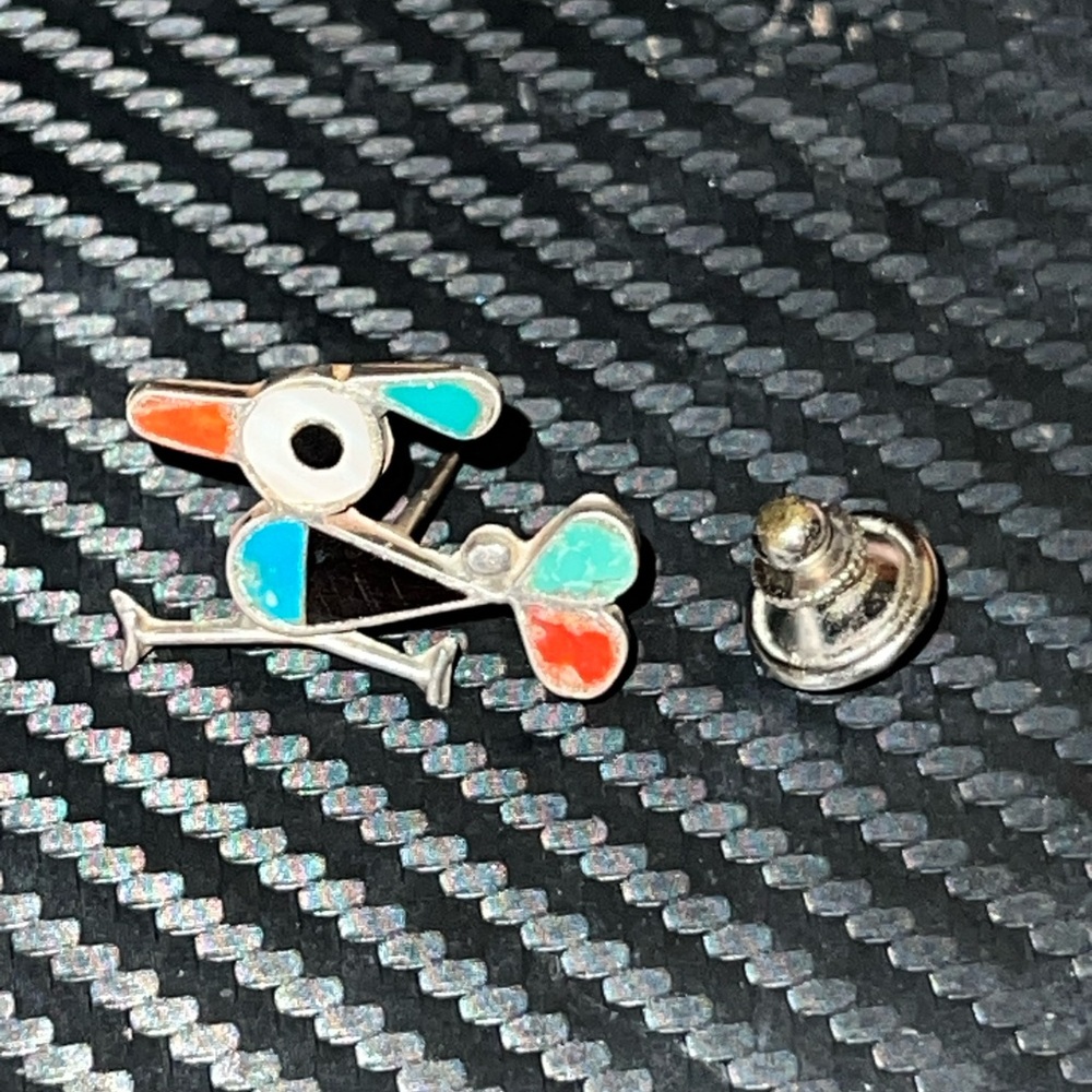 Zuni Native American Sterling Silver Inlaid Road Runner Pin Brooch Tie Tack